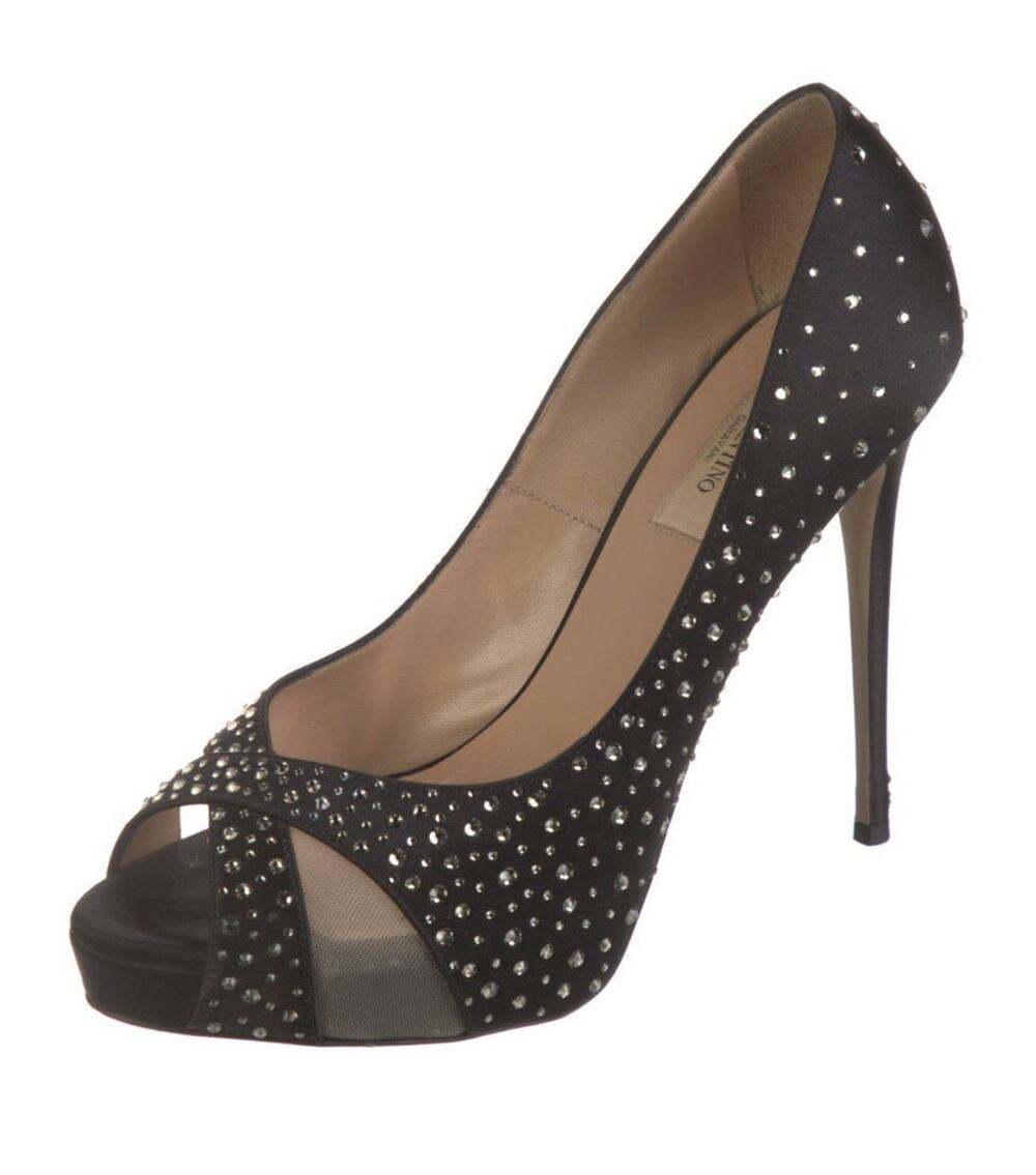 Valentino Black Satin and Mesh Crystal Embellished Platform Pumps Size 38.5 EUC
